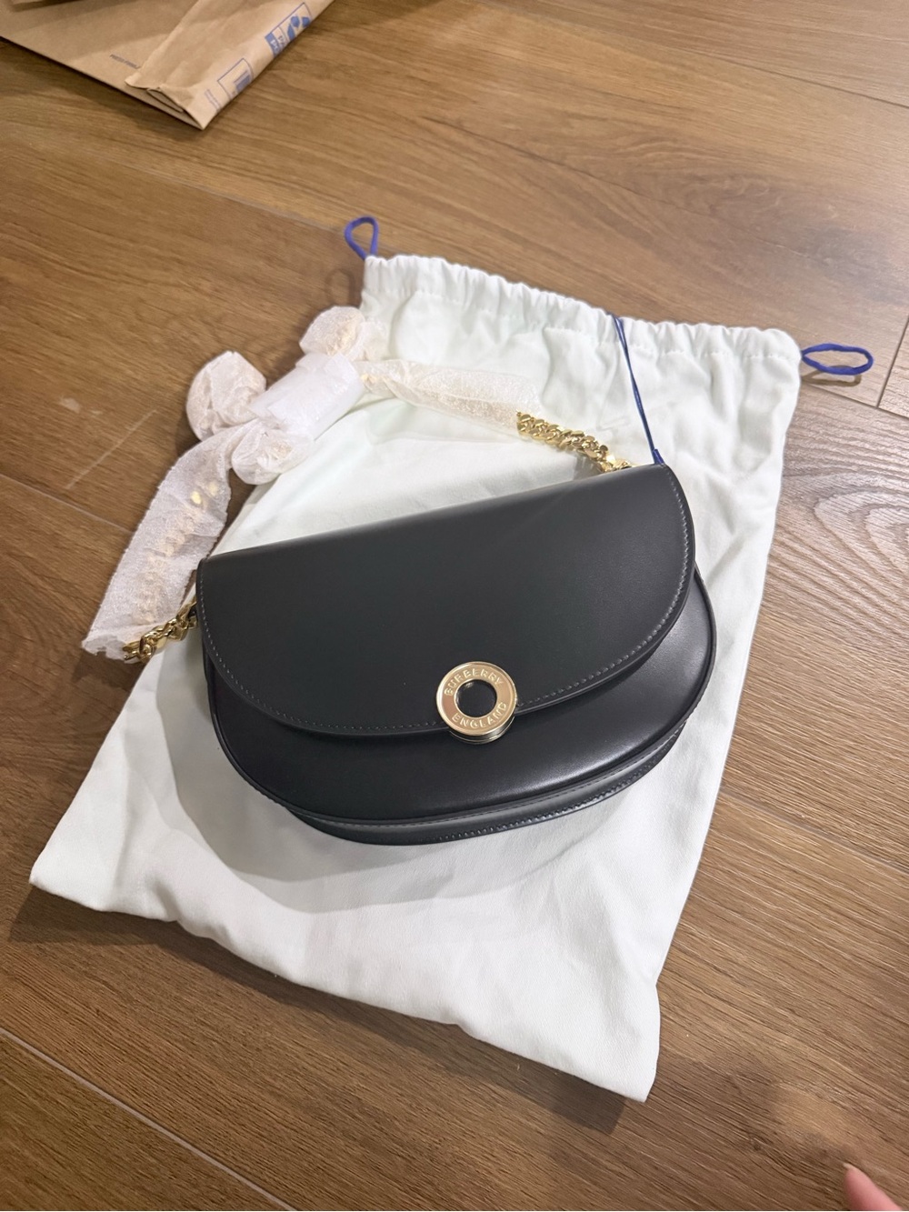 New Burberry Claudinne Black Leather Chain Shoulder Bag Gold Hardware